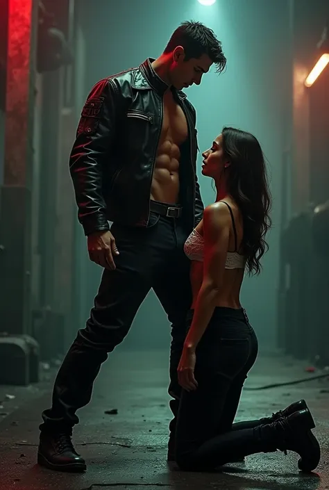 shirtless man in leather jacket and pants making a woman get on her knees 