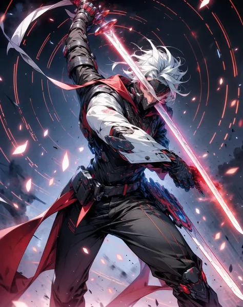 (absurdres, highres, ultra detailed), masterpiece, best quality, a boy in a white jacket, holding a sword, solo, handsome, short hair, white hair, detailed face, combat stance, attack pose, wielding sword pose, abstract background, swirl, spark, magic vort...