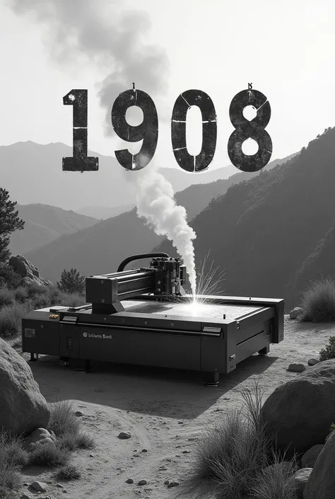 Greyscale california scenery with stencil of numbers 1908 with large image of sparking and smoking laser engraver