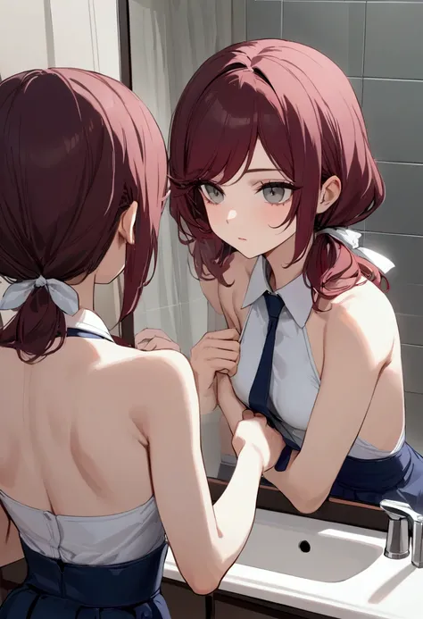 (masterpiece:1.2, Best Quality), (finely detailed beautiful eye: 1.2), (beautiful detailed face), 1girl, stoic, looking into mirror, beautiful face, Gray eyes, Dark red hair, swept bangs, low twin tails, white ribbons, sleeveless halter neck backless white...