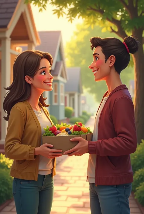 A woman is seen delivering a homemade lunch to her neighbor with a warm and friendly smile. The neighbor, visibly appreciative, accepts the meal with gratitude. The scene takes place in a cozy neighborhood setting, perhaps with a front porch or communal ar...