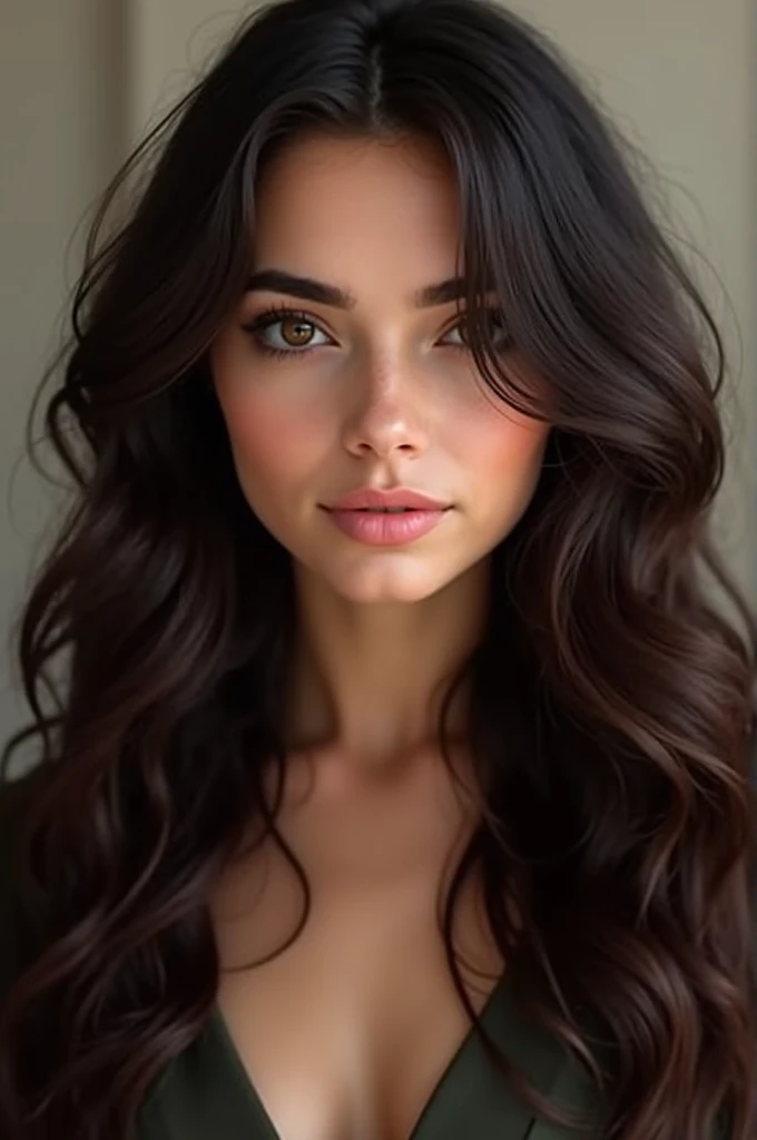 Photo of a young woman with a face of 1, long and wavy dark brunette hair, realistic 