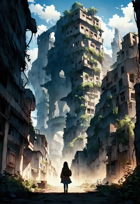 A young woman with a backpack walks down a post-apocalyptic urban street, looking towards the ruins of an abandoned city. The tall, worn-out buildings are covered in vegetation that has begun to reclaim the place., while faded banners and rusty signs hang ...