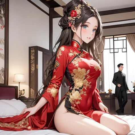 ((Highest quality)), ((masterpiece)), (detailed), （Perfect Face）、The woman is Satomi Ishihara, with black hair, large breasts and beautiful proportions.、The woman is wearing a red long-slit cheongsam with gorgeous gold embroidery and trim, and is adorned w...