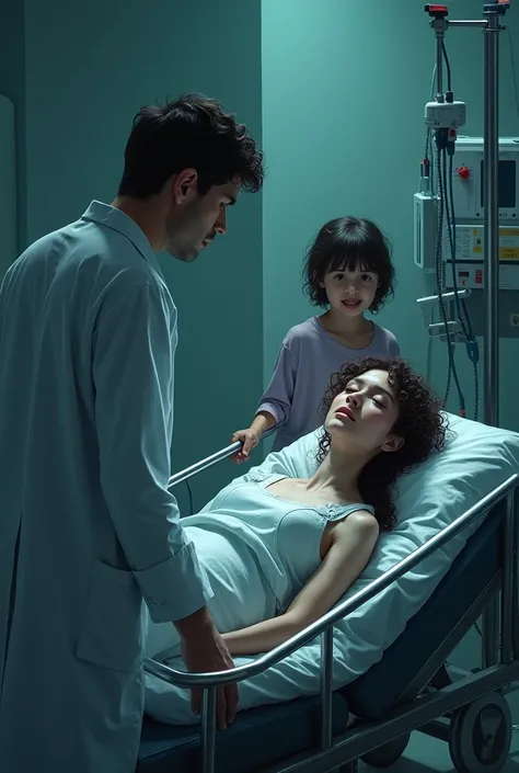 hospital where vital signs are seen dead on a stretcher where a woman with curly hair is seen lying dead and her doctor watching her next to a crying girl, real people who look further away from the camera