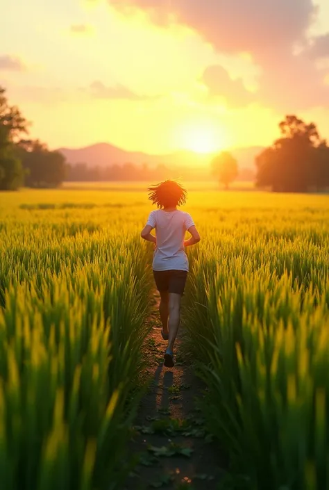 Rice field, sun raise, wind,  run in the field