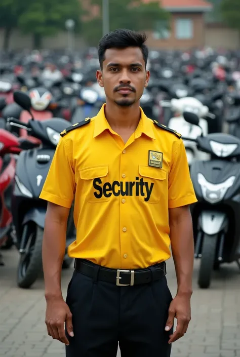 The security guard guards the motorbike parking lot wearing a yellow shirt and black trousers with security written on them. 