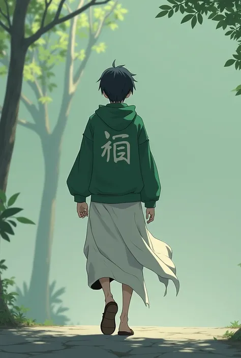 Young man walking alone, wearing a green hoodie, with the words 剣 ,Wearing a white sarong,Shot from behind anime