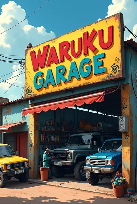 Create an image of waruku garage in Nairobi Africa use a big  sign board to illustrate 