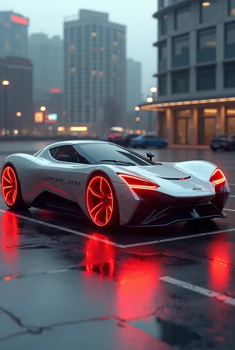 consistently represents the theme colors of the Li-Ning brand logo from China, the theme colors are #F05133 and #FFFFFF, a 3/4 front view of ((futuristic cyberpunk hotrod zeekars)) (with glowing tires), at the parking lot, on the car,side, (Asghar), writte...