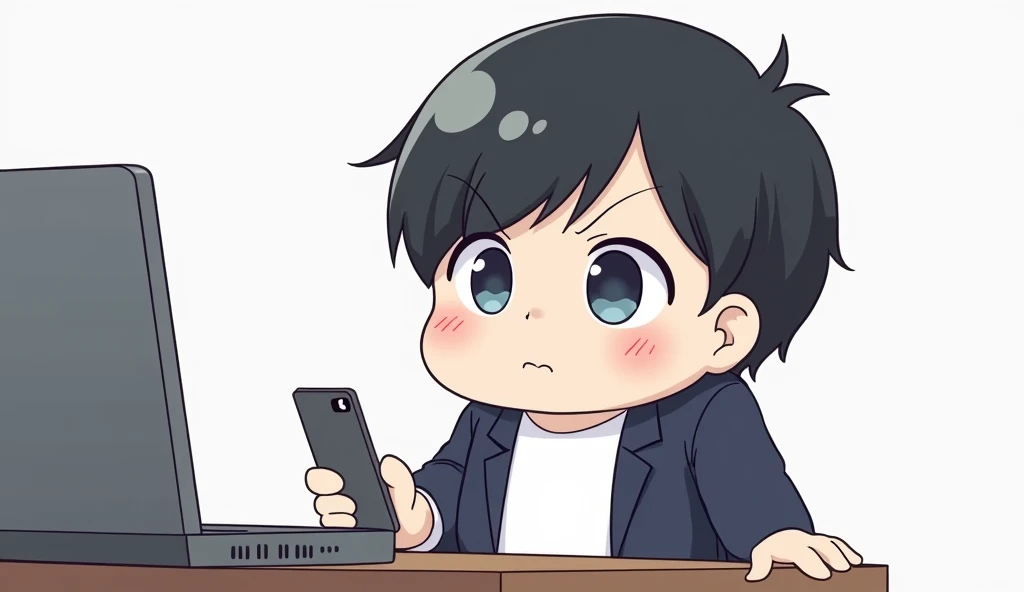 Chubby,One person,Black Hair, Asymmetrical bangs, Parting the bangs,Blue Eyes,Drooping eyes,White T-shirt,Navy blue suit,smartphone,computer,Simple background,cool,Default,Illness,Confused eyes,Distributor,Chibi Character