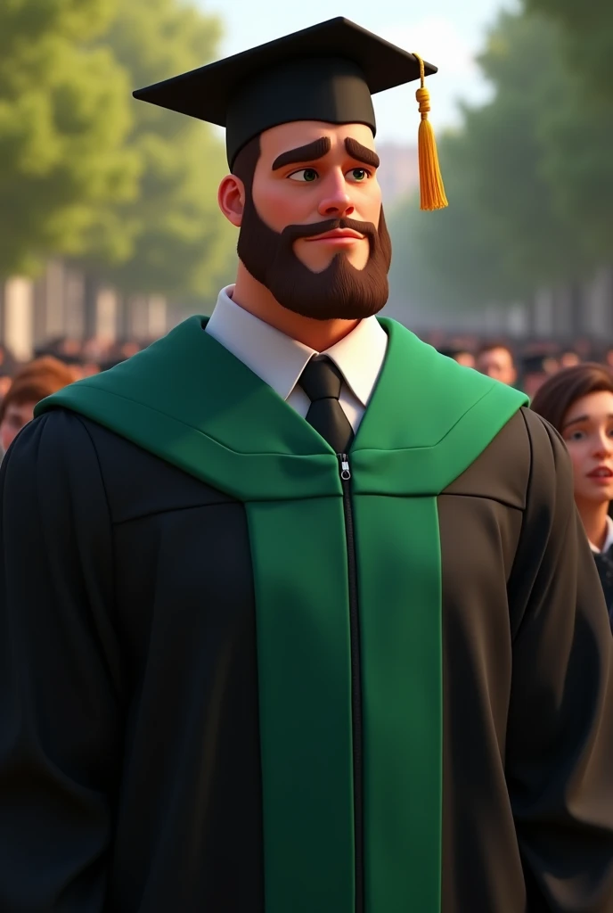 in pixar style Imagine a 3 teacher, standing with elegance and confidence at a graduation ceremony. He is wearing a black toga, the slightly shiny fabric falls to your feet, giving formality and sobriety to the scene. On the chest, a diagonal green stripe ...