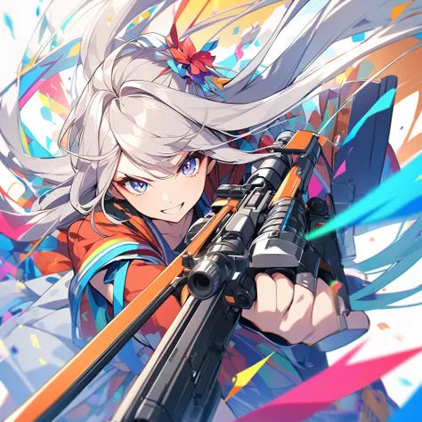 girl shooting a rifle towards viewer, dynamic, colorful, long hair
