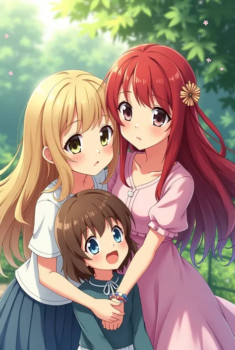 create three anime girls. One girl has long blonde curly hair with brown-green eyes. The other girl has long red hair with blue-grey eyes and the other girl has medium long light brown hair and green eyes. The three girls are friends.