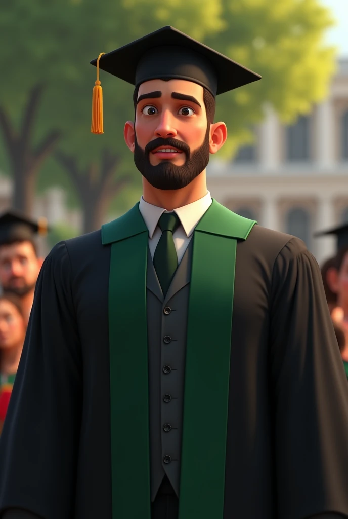 in pixar style Imagine a 3 teacher, standing with elegance and confidence at a graduation ceremony. He is wearing a black toga, the slightly shiny fabric falls to your feet, giving formality and sobriety to the scene. On the chest, a diagonal green stripe ...