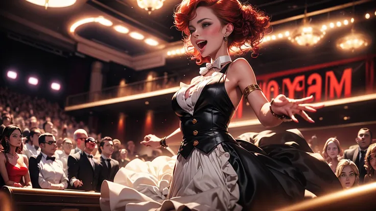 there is a woman on stage at a show in a casino, powerful white and redheaded woman, long or short curly hair , girl in the casino, in a casino, in a more adult croupier outfit, on a stage with several dancers behind , in a show of the character herself,ha...