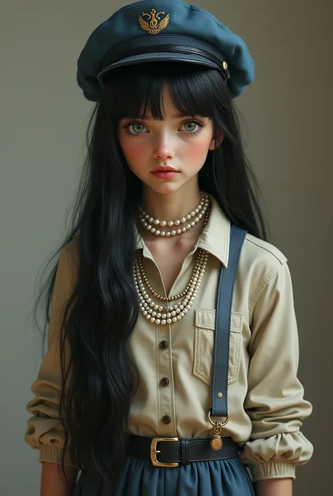 Realistic, whole body, a German  girl, light green eyes wears leather hand shoe without fingertips, wears blue peaked cap, long black hair, wears 3 pearl necklaces around her neck, wears too big men&#39;s shirt 