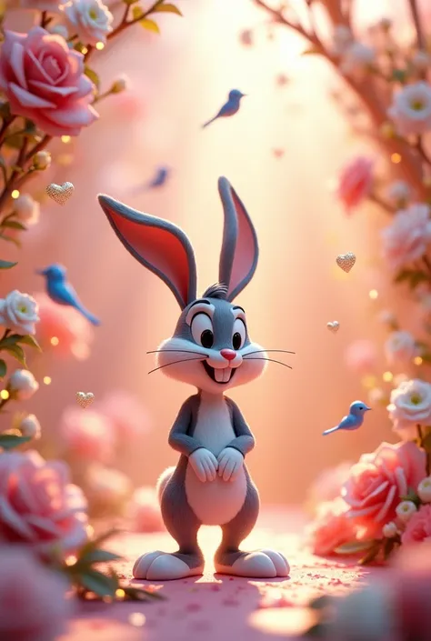 An attractive and charming 3D rendering of Bugs Bunny standing next to delicate rose-themed decor, . Gives off a magical aura, Gold accents add elegance. A delicate and warm light envelops the scene., Create an enchanting atmosphere. Two intertwined golden...