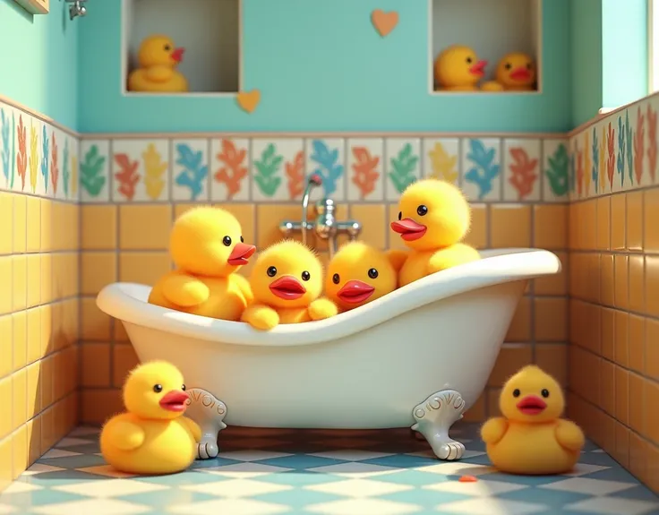 We want such an image that it is of a bathtub and it is filled with cute small  ducks and a few small ducks have also fallen in the niche. The bathtub is in the bathroom and it has white design colourful tiles on all four sides of its wall.