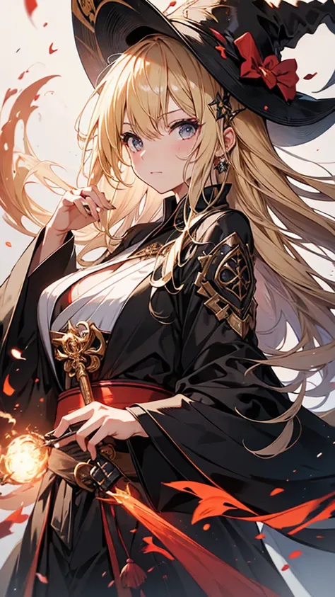 girl blonde black robe black hat wizard wand sea of fire strong wind