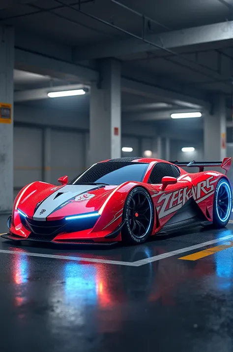 consistently represents the theme colors of the Li-Ning brand logo from China, the theme colors are #F05133 and #FFFFFF, a 3/4 front view of ((futuristic cyberpunk hotrod zeekars)) (with glowing tires), at the parking lot,on car side, (Asghar), written, cl...