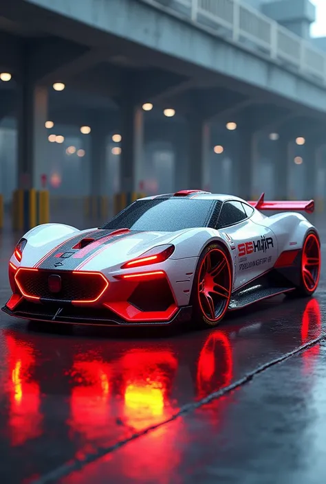 consistently represents the theme colors of the Li-Ning brand logo from China, the theme colors are #F05133 and #FFFFFF, a 3/4 front view of ((futuristic cyberpunk hotrod zeekars)) (with glowing tires), at the parking lot,on car side, (Asghar), written, cl...