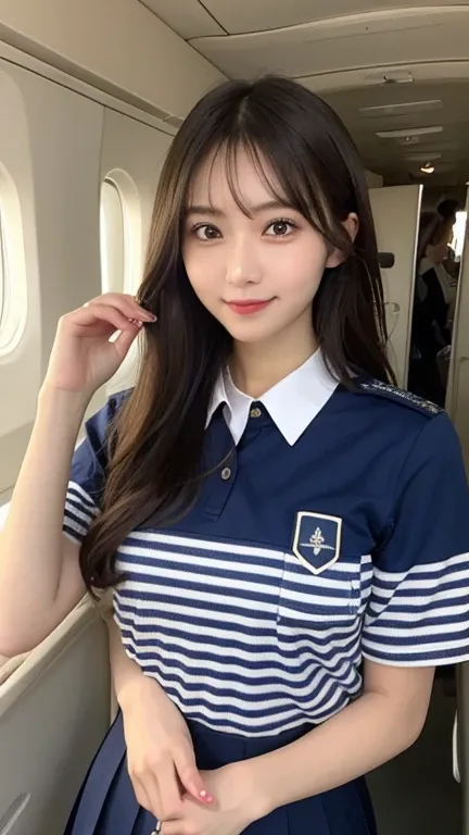 Tabletop, Cabin Attendant, Chest pocket,ANACabin Attendant制服, Short sleeve, Navy blue uniform, Blue Striped Scarf,Inside the plane,Highest quality, shape, Very detailed, In detail, High resolution, 8k wallpaper, Perfect dynamic composition, Beautiful atten...