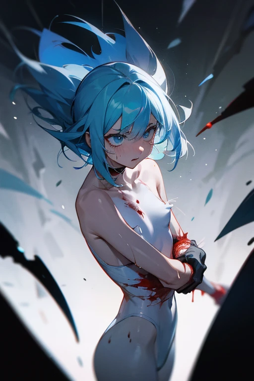 Angle view,anypose, A young girl with short, light blue hair is standing, panting ,An arm begins to violently emerge from his chest. The flesh is torn, and the bones creak as the hand makes its way, dirtying his torso with dark, shiny blood. His expression...