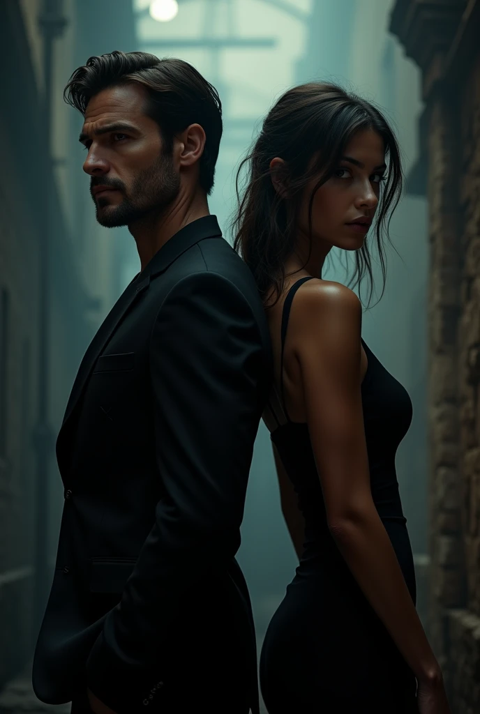 They have THEIR BACKS TO each other, the woman turned to the right and he turned to the left. Mysterious dark romance vibe (man with the structure of henry cavill and the woman with the structure of camila queiroz)