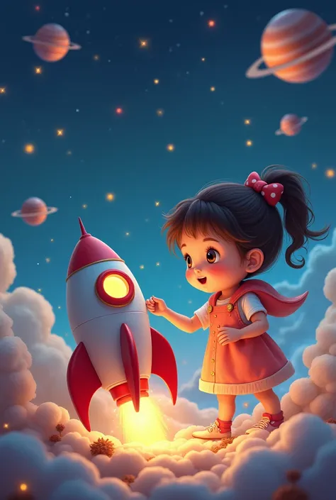 A cute girl playing with a rocket ship and planets in a whimsical galaxy, highly detailed digital illustration, beautiful vibrant colors, soft ambient lighting, serene and cozy, 1girl, adorable, beautiful detailed eyes, beautiful detailed lips, extremely d...