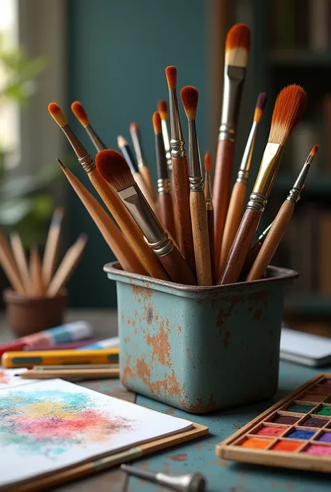 draw some drawing tools. among them are small and large round eye brushes. There are also small and large flat eye brushes. apart from that there are also several pencil sticks and a ruler and all these are placed in one container. by the side of the case ...