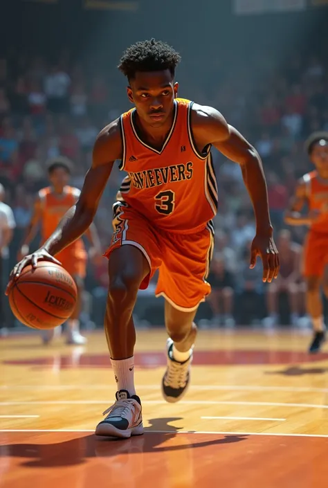 Teenager basketball player. He’s black and is playing in a high school game