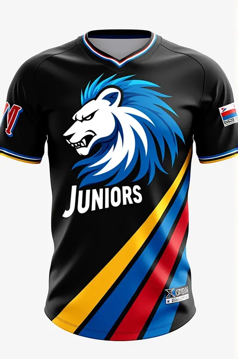 Make a picture of an open baseball shirt that says “Juniors” in the center with a white lion with a blue mane., yellow and red on top. That from bottom to top it has thin blue stripes, yellow and red and the rest in black and white. On the sleeves on the r...