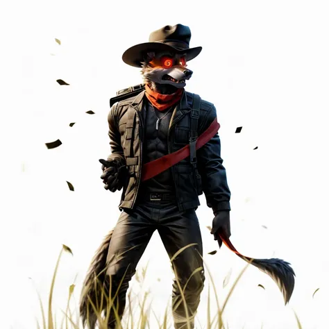  Black male muscular furry anthro wolf, his eyes is glowing orange with red pupil in the middle and black line in the middle of red pupil, scared face expression, standing on a tall grass field, wearing black jacket, wearing black pants, wearing white scar...