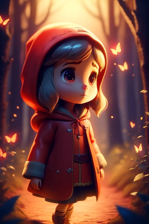 High fantasy, Best quality, Great lighting, 1girl, Wearing large bright red robe, Red riding hood, Dark Brown hair, Chibi, Butterfly hood, Animal crossing style, Forest background