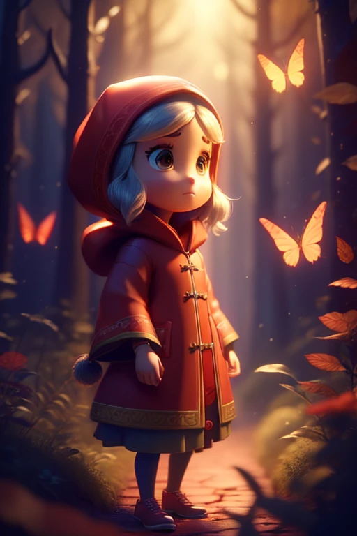 High fantasy, Best quality, Great lighting, 1girl, Wearing large bright red robe, Red riding hood, Dark Brown hair, Chibi, Butterfly hood, Animal crossing style, Forest background