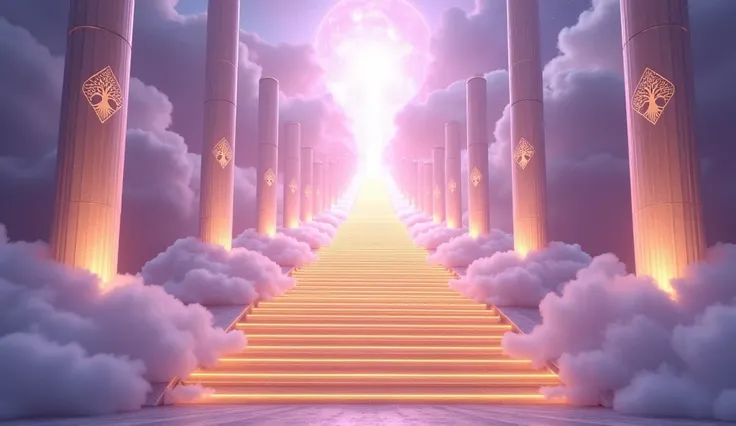 Wide shot of lilac sky with clouds, a stairway to heaven that passes between illuminated columns with triangle designs and the symbol of the tree of life on the columns. The staircase is bright as gold. with dimensions of 1.280 x 720 pixels. The size of th...