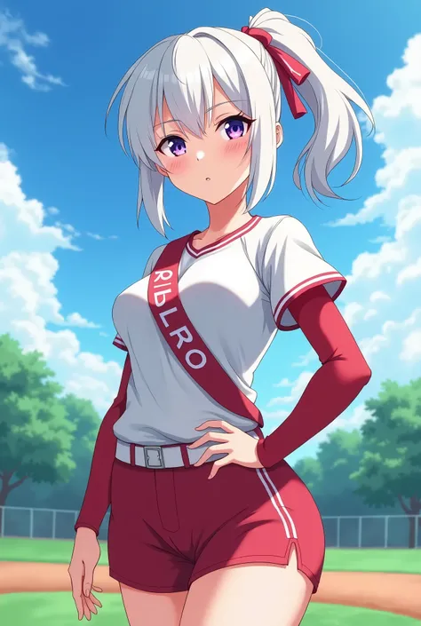 HD、Animation style、white hair 、Purple Eyes、girl、plump breasts 、High school student 、single ponytail、Baseball player、Light color short sleeve top、Long sleeve red underwear、Good shape、Thin、sash、Sky、cloud、sunny、Baseball field
