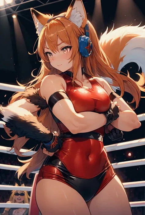 One girl, solo,,Fighter,Fox-like costume,Alluring expression,Large tail,In the wrestling ring,Wonderful fur