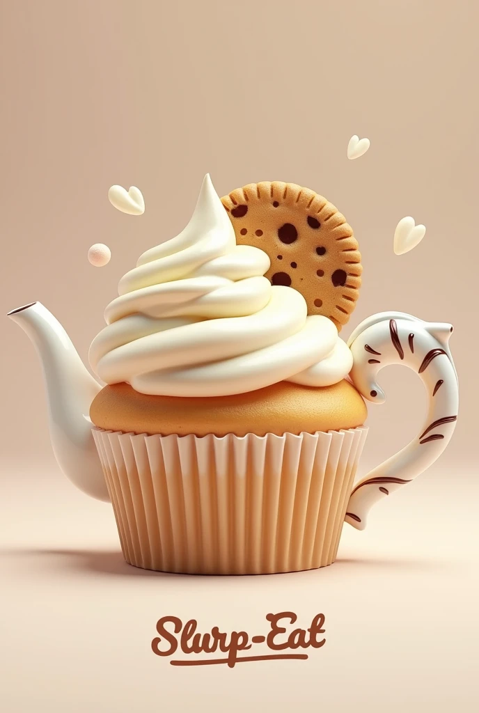 Make a cupcake with a tea handle and whole cookie on top. And Make  logo with slurp-eat name