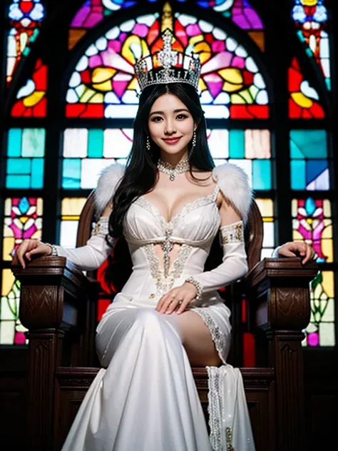 A queen on a throne, black hair, a crown/tiara, stained glass window,sweet smile, ample cleavages 