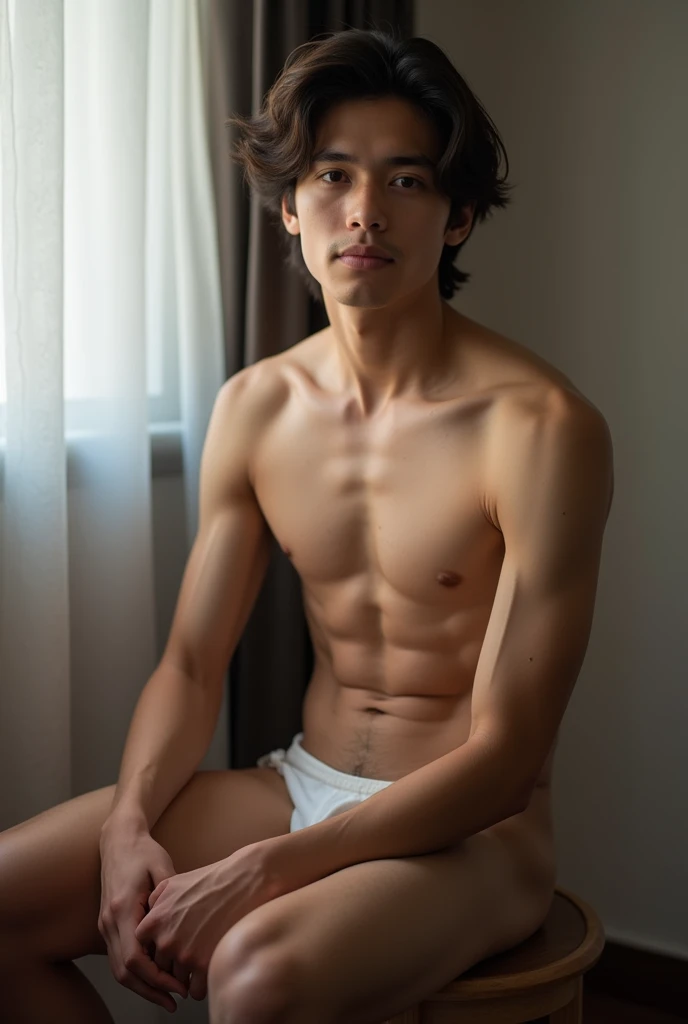 Full body photo of Thai teenage boy,Handsome young boy, naked body, uncut small penis, long pubic hair, sitting on stool chair in bedroom, minimal bedroom styles