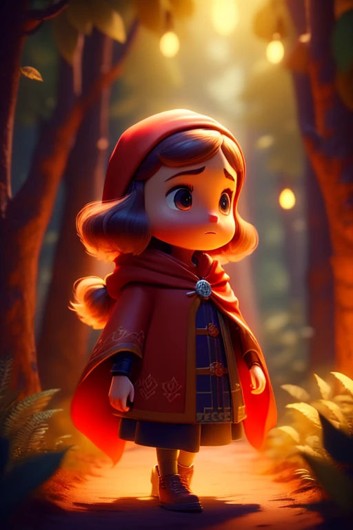 High fantasy, Best quality, Great lighting, 1girl, Wearing large bright red robe, Red riding hood, Dark Brown hair, Chibi, Animal crossing style, Front view, Forest background