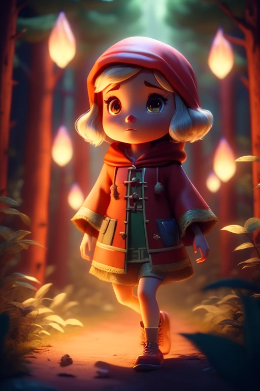 High fantasy, Best quality, Great lighting, 1girl, Wearing large bright red robe, Red riding hood, Dark Brown hair, Chibi, Animal crossing style, Front view, Forest background