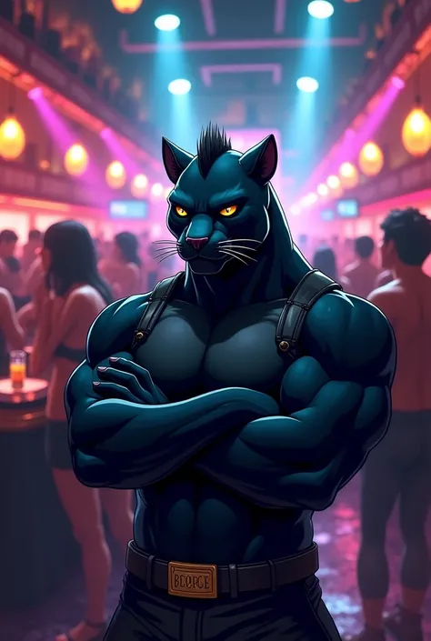 Male, solo, a furry anthro black panther male, muscular, buff, yellow eyes, panther ears, white whiskers, wearing security shirt, standing, arms crossed, serious face, looking annoyed, looking away, black hair, faux hawk hair, cell shading, in a club, busy...