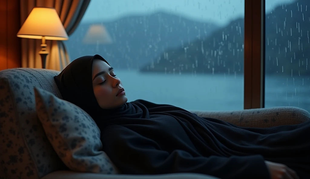 Beautiful woman sleeping in ship&#39;s room, rainy night on a cruise ship, black hijab woman sleeping rain glass window cruise ship rain