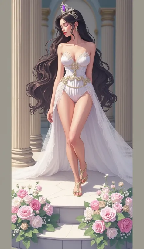 A beautiful Trans Woman on altar, wearing a lace pleated strapless wending dress, lace top, flat chest, with beautiful legs shin showing, Dark brunette skin, long black hair, with purple tiara in hair, "golden sandals", closed mouth smile, transparency, di...