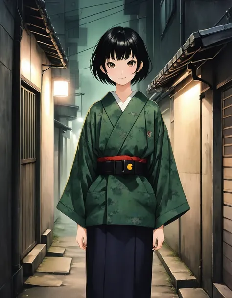 Dark green silk kimono。,Standing against a wall in the fog。Black belt。smile。Young elementary school student。Short。Black medium hair。Close-up on upper body。black eye。clavicle。One person。darkness。Spooky atmosphere。Japan。Concrete city。Narrow Alley。Dark atmosp...