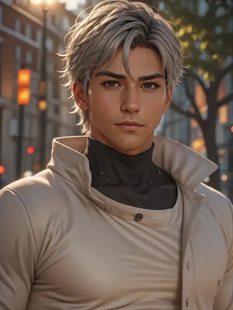 (best quality), 1boy, mature man, tanned skin, silver hair, medium hair, hair loosely combed back, brown eyes, perfect eyes, muscular, handsome, cold expression, black turtleneck, coat jacket, clean shaven face, masterpiece, anatomically correct, highres
