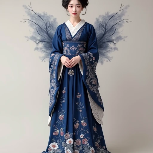 A beautiful Japanese woman wearing a majestic dress that combines the beauty of a female kimono, with the elegance and delicacy of lace details.